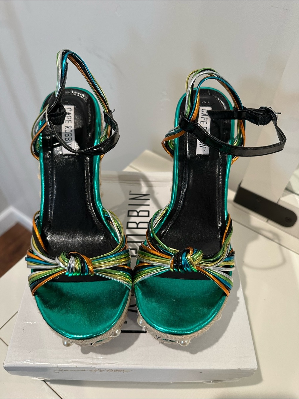 Cape Robbin Teal Green Multi Metallic Knot Strap Heels